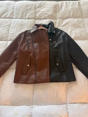 Two-Tone Brown and Black Faux Leather Moto Jacket
